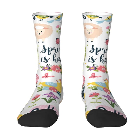 Uemuo Spring Flowers Birds Pattern Women's Crew Socks, Soft Durable Breathable Moisture-Wicking with Odor Control Cotton socks
