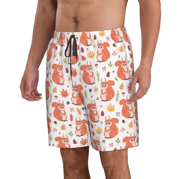 Uemuo Squirrel And Maple Leaf Pattern Men's Swim Trunks Hawaiian Beach Bathing Suit Swimsuits Beach Quick-Dry Shorts with Pockets-X-Large