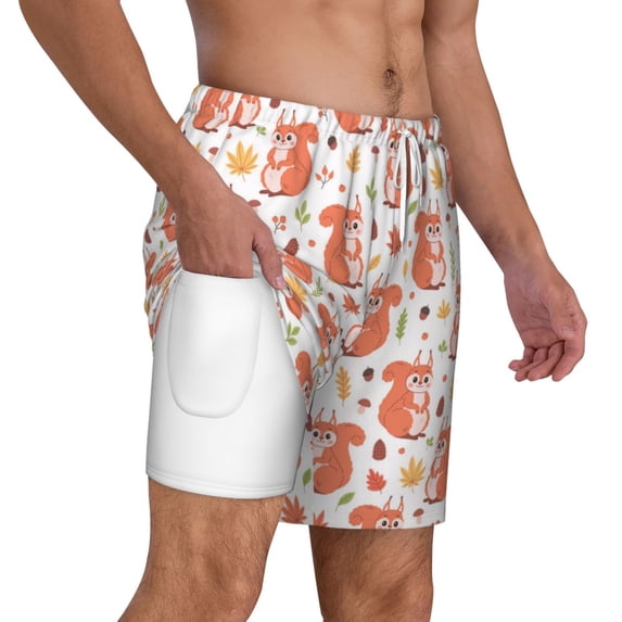 Uemuo Squirrel And Maple Leaf Pattern Mens Swim Trunks Quick Dry Board Shorts with Mesh Lining, Stretch Beach Shorts Quick Dry No-Chafing Board Shorts-X-Large