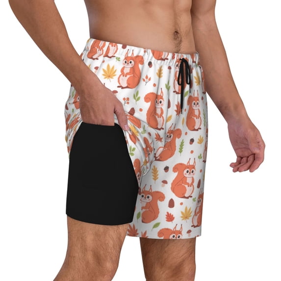 Uemuo Squirrel And Maple Leaf Pattern Mens Swim Trunks Quick Dry Board Shorts with Mesh Lining, Stretch Beach Shorts Quick Dry No-Chafing Board Shorts-XX-Large