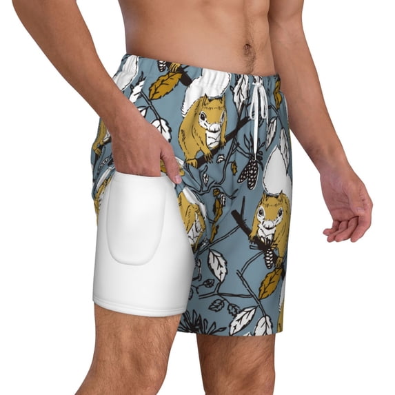 Uemuo Squirrel And Leaves Pattern Mens Swim Trunks Quick Dry Board Shorts with Mesh Lining, Stretch Beach Shorts Quick Dry No-Chafing Board Shorts-Small
