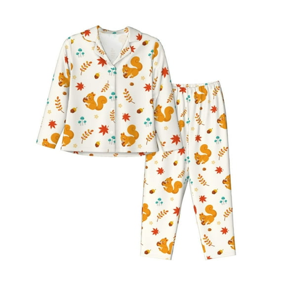 Uemuo Squirrel Maple Leaves And Nuts Pattern Womens Pajama Sets,PJ Set for Women,Pajamas for Women Logo,Long Sleeve Pajama Set for Women,Soft Long Sleeve Top With Pants-
