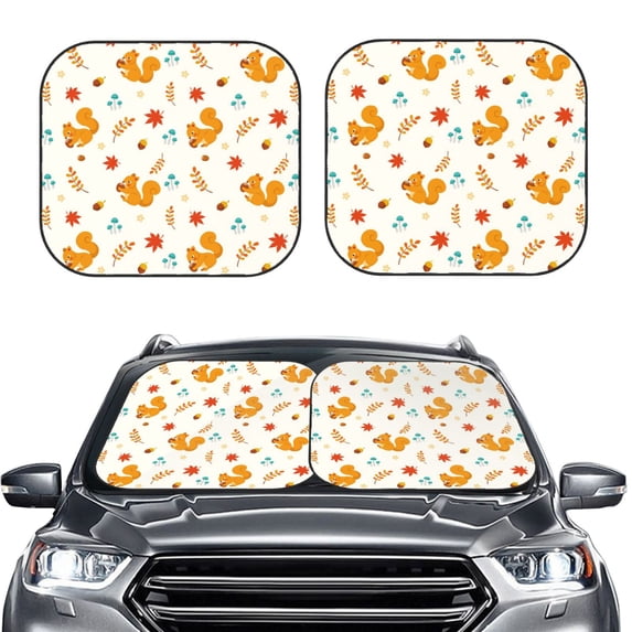 Uemuo Squirrel Maple Leaves And Nuts Printed 2 PCS Car Windshield Sun Shade, Auto Sun Heat and UV Rays Blocker, Foldable Automotive Front Window Sunshade Protector