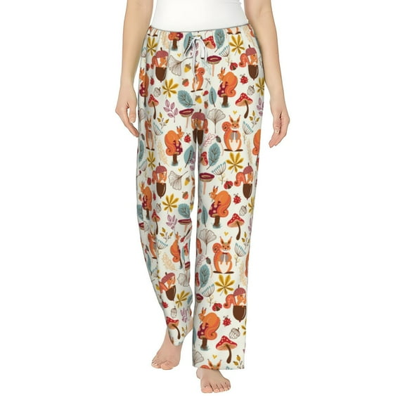 Uemuo Squirrel Nuts Mushroom Pattern Women's Wide Leg Palazzo Lounge Pants with Pockets Light Weight Loose Comfy Casual Pajama Pants-Small