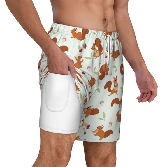 Uemuo Squirrel Playing Pattern Mens Swim Trunks Quick Dry Board Shorts with Mesh Lining, Stretch Beach Shorts Quick Dry No-Chafing Board Shorts-Small