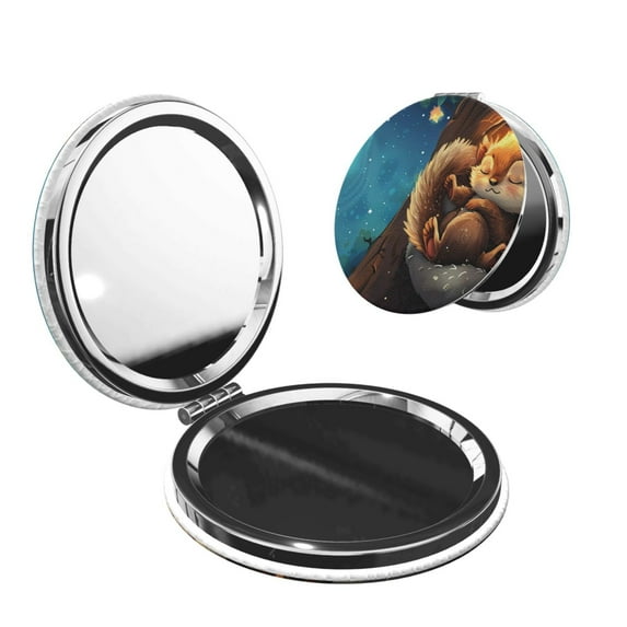 Uemuo Squirrel Sleeping In Tree Print Compact Portable Pocket Makeup Mirror - Leather Cover, Elegant Travel Cosmetic Mirror for Purse, Pocket, and Handbag-Round Shape
