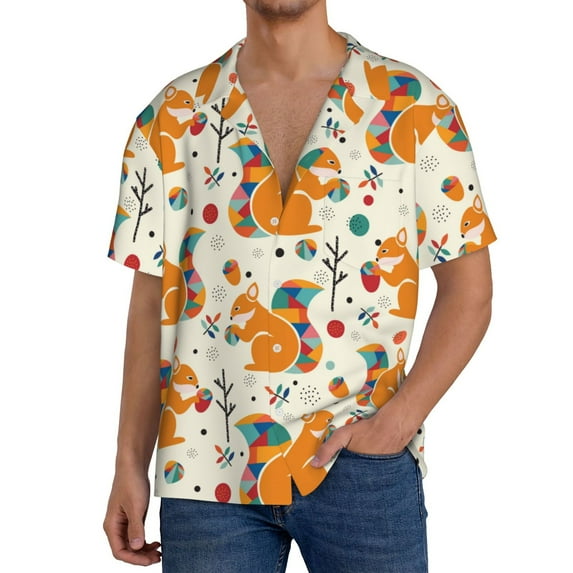 Uemuo Squirrel With Colorful Tail Pattern Cotton Linen Short Sleeve Shirts,Casual Lightweight Button Down Shirts,Vacation Beach Summer Tops-XX-Large