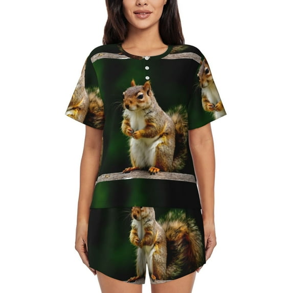 Uemuo Squirrels Eating Peanuts On The Tree Pattern Women's Short-Sleeved Pajama, Button-Front Loungewear, 2-Piece Summer Sleepwear, Elastic Drawstring Shorts-Medium