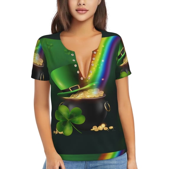 Uemuo St. Patrick's Day4 Drawing Women's Deep V-Neck Low Cut Tops - Casual Loose Fit with Stainless Steel Loop, Soft, Breathable, Perfect for Office, Travel, and Daily Wear-Large