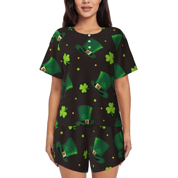 Uemuo St. Patrick's Day8 Pattern Women's Short-Sleeved Pajama, Button-Front Loungewear, 2-Piece Summer Sleepwear, Elastic Drawstring Shorts-4X-Large