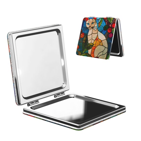 Uemuo Stained Glass Cat Art Print Compact Portable Pocket Makeup Mirror - Leather Cover, Elegant Travel Cosmetic Mirror for Purse, Pocket, and Handbag-Square