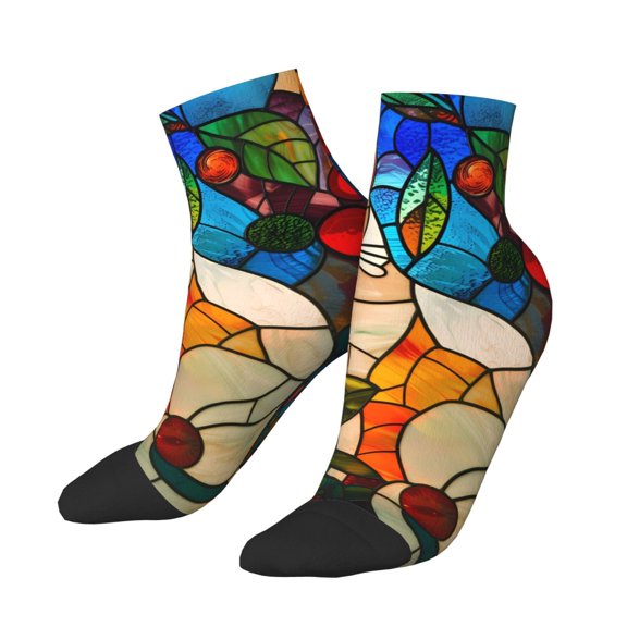 Uemuo Stained Glass Cat Art Printed Crew Socks, Moisture-Wicking Socks, Athletic Socks for Men Breathable Cushion Socks Casual Sport Socks for Running Traveling