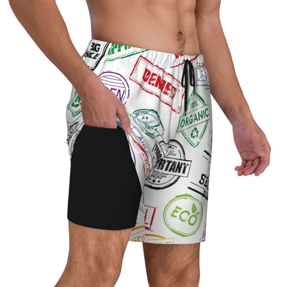 Uemuo Stamp Set Collection Pattern Mens Swim Trunks Quick Dry Board Shorts with Mesh Lining, Stretch Beach Shorts Quick Dry No-Chafing Board Shorts-