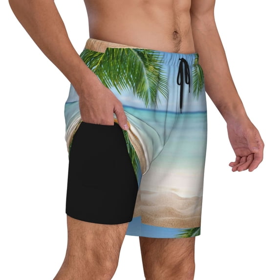 Uemuo Starfish in Beach Pattern Mens Swim Trunks Quick Dry Board Shorts with Mesh Lining, Stretch Beach Shorts Quick Dry No-Chafing Board Shorts-Small