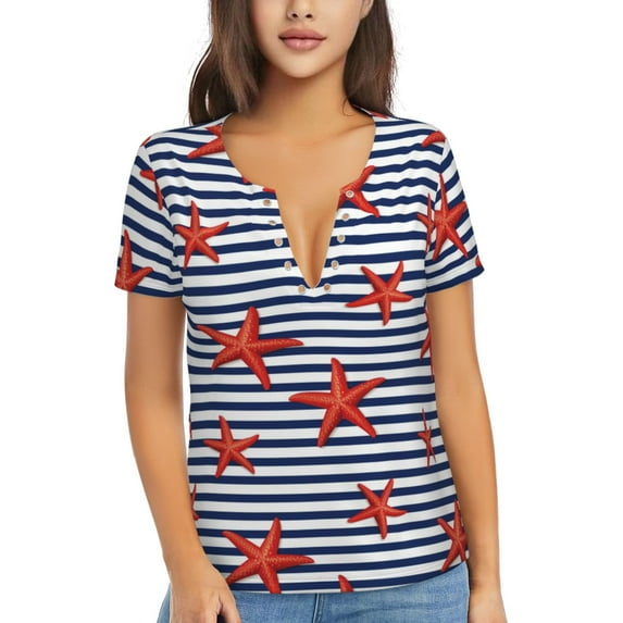 Uemuo Starfish Navy Blue Stripe Drawing Women's Deep V-Neck Low Cut Tops - Casual Loose Fit with Stainless Steel Loop, Soft, Breathable, Perfect for Office, Travel, and Daily Wear-Small