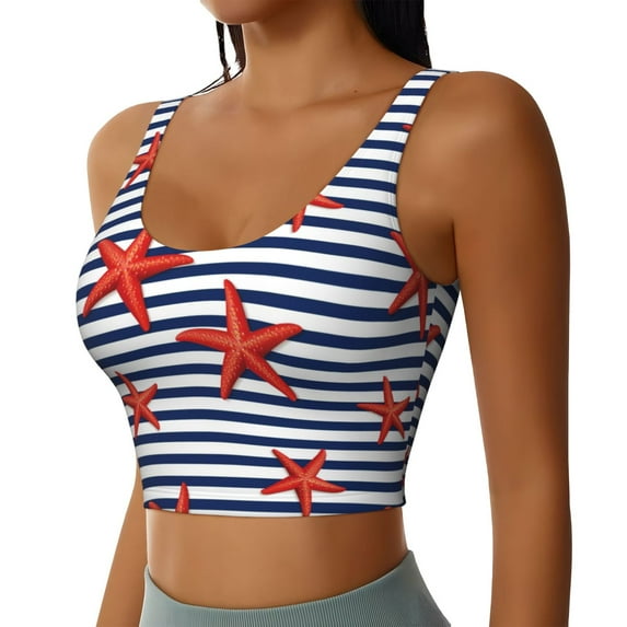 Uemuo Starfish Navy Blue Stripe Pattern Women's Sports Bra - High Impact Support, Breathable, and Comfortable Athletic Bra for Running, Yoga, and Workouts