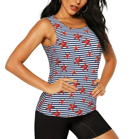 Uemuo Starfish Navy Blue Stripe Pattern Workout Tank Tops for Women Breathable Moisture-wicking tank top Sleeveless Running Loose Fit Yoga Tops Active Shirts Sports Gym Exercise