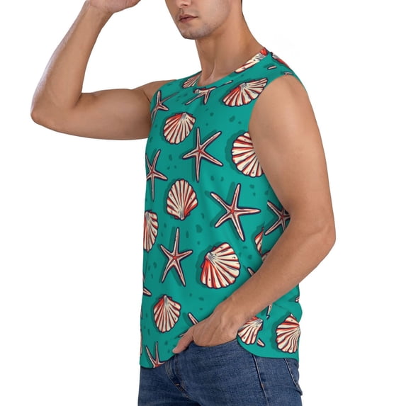 Uemuo Starfish and Shell Pattern Men's Sleeveless T-Shirt,Muscle Athletic Tank Top, Moisture-wicking Quick-dry Breathable Classic Tee Top for Gym Run Outdoor Sports-3X-Large