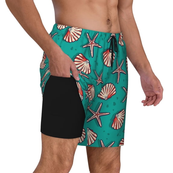 Uemuo Starfish and Shell Pattern Mens Swim Trunks Quick Dry Board Shorts with Mesh Lining, Stretch Beach Shorts Quick Dry No-Chafing Board Shorts-Medium