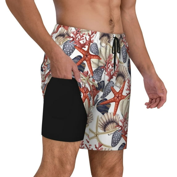 Uemuo Starfish Shell Pattern Mens Swim Trunks Quick Dry Board Shorts with Mesh Lining, Stretch Beach Shorts Quick Dry No-Chafing Board Shorts-XX-Large