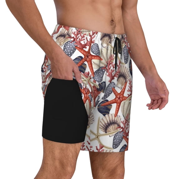 Uemuo Starfish Shell Pattern Mens Swim Trunks Quick Dry Board Shorts with Mesh Lining, Stretch Beach Shorts Quick Dry No-Chafing Board Shorts-