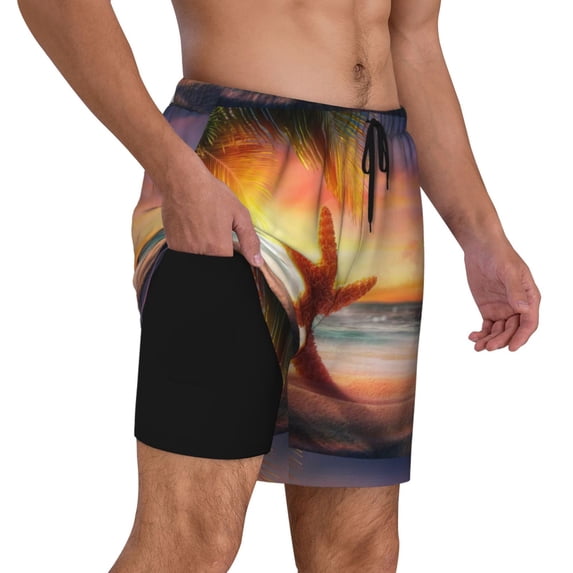 Uemuo Starfish Sunset Sea Beach Pattern Mens Swim Trunks Quick Dry Board Shorts with Mesh Lining, Stretch Beach Shorts Quick Dry No-Chafing Board Shorts-