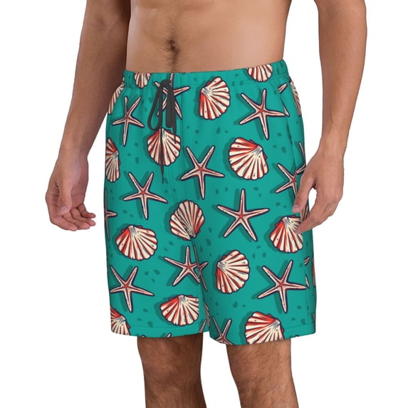 Uemuo Starfish and Shell Pattern Men's Swim Trunks Hawaiian Beach Bathing Suit Swimsuits Beach Quick-Dry Shorts with Pockets-Large