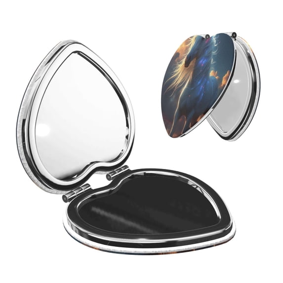 Uemuo Starry Light White Horse Print Compact Portable Pocket Makeup Mirror - Leather Cover, Elegant Travel Cosmetic Mirror for Purse, Pocket, and Handbag-Heart Shape