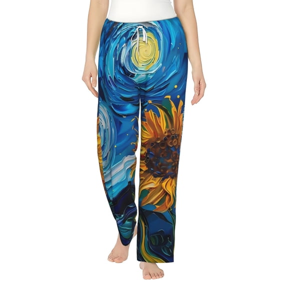 Uemuo Starry Night Sunflower Field Pattern Women's Wide Leg Palazzo Lounge Pants with Pockets Light Weight Loose Comfy Casual Pajama Pants-XX-Large