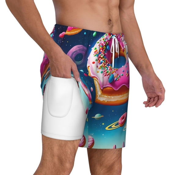 Uemuo Starry Sky Colorful Donut Pattern Mens Swim Trunks Quick Dry Board Shorts with Mesh Lining, Stretch Beach Shorts Quick Dry No-Chafing Board Shorts-X-Large