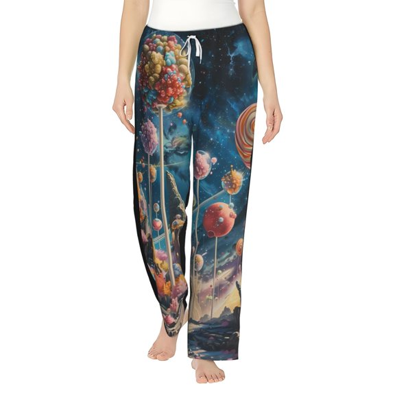 Uemuo Starry Sky Planet Lollipop Pattern Women's Wide Leg Palazzo Lounge Pants with Pockets Light Weight Loose Comfy Casual Pajama Pants-Small