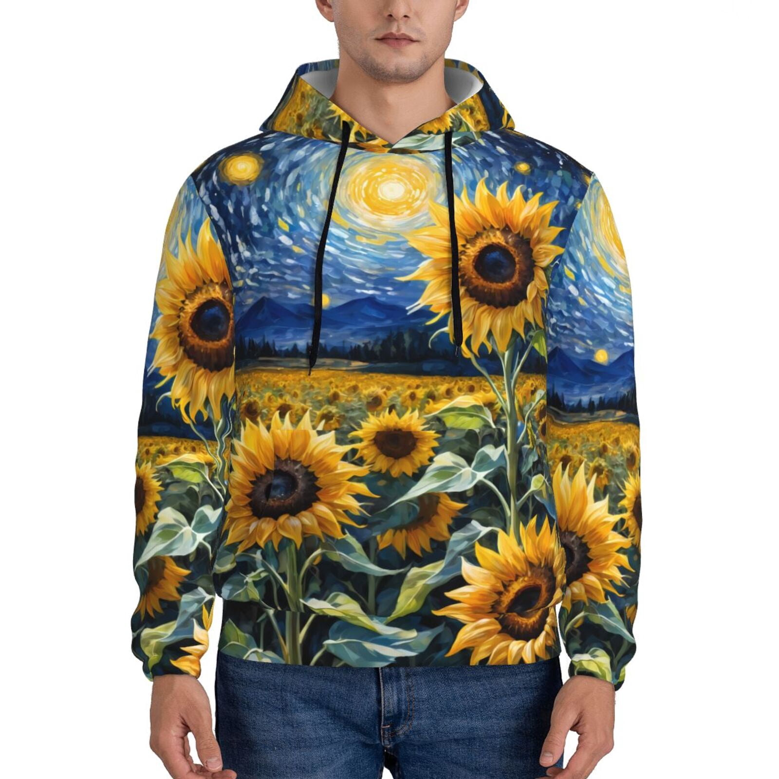 Yellow Sunflower Print Men's Zip Up Hoodie
