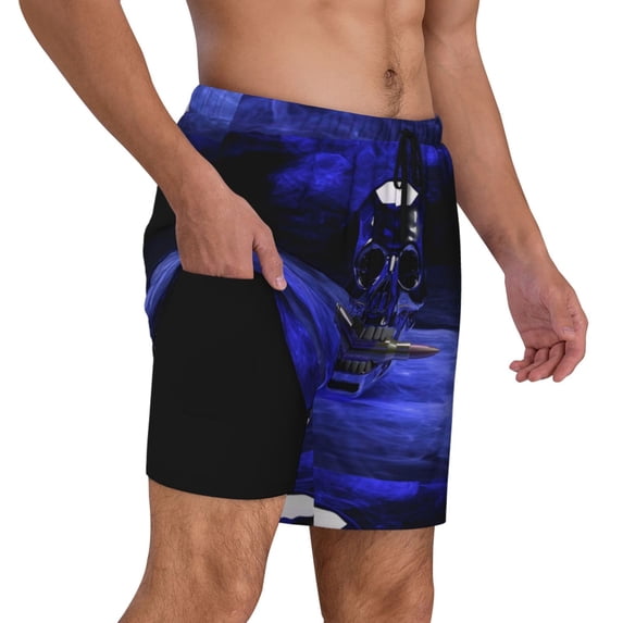Uemuo Steel Skull Pattern Mens Swim Trunks Quick Dry Board Shorts with Mesh Lining, Stretch Beach Shorts Quick Dry No-Chafing Board Shorts-Large