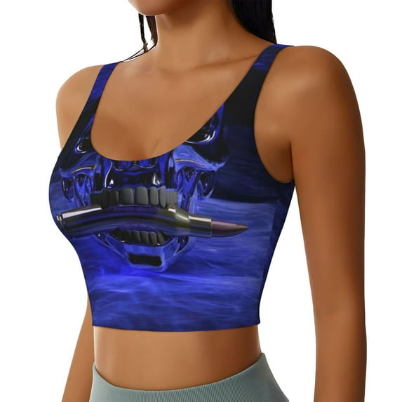 Uemuo Steel Skull Pattern Women's Sports Bra - High Impact Support, Breathable, and Comfortable Athletic Bra for Running, Yoga, and Workouts