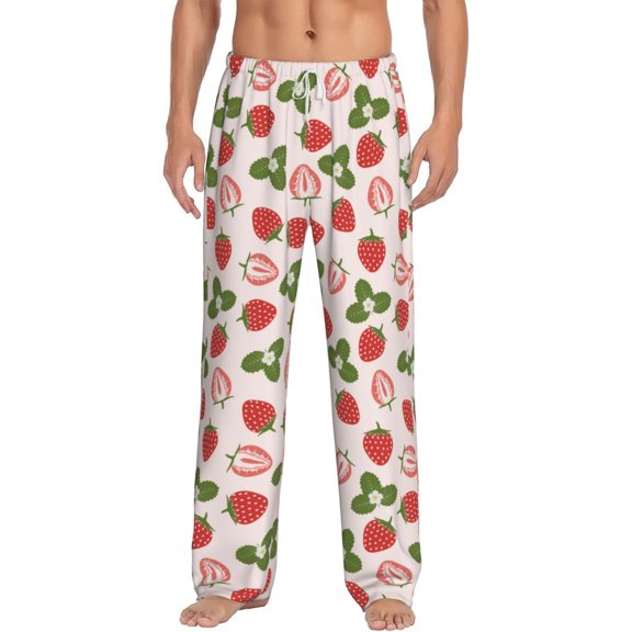 Uemuo Strawberries And Leaf Pattern Men's Wide Leg Palazzo Lounge Pants with Pockets Light Weight Loose Comfy Casual Pajama Pants-Medium