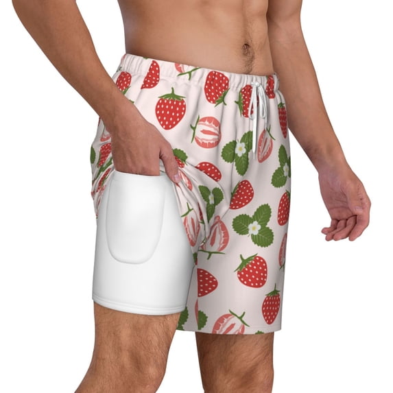 Uemuo Strawberries And Leaf Pattern Mens Swim Trunks Quick Dry Board Shorts with Mesh Lining, Stretch Beach Shorts Quick Dry No-Chafing Board Shorts-3X-Large