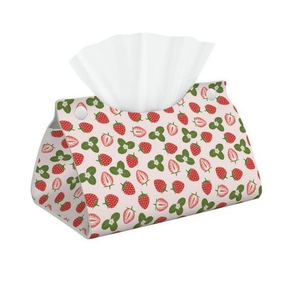 Uemuo Strawberries And Leaf Pattern Tissue Box Cover Holder, Triangle with Bottom Belt - PVC Leather Decorative Organizer for Tabletop, Bathroom, Car, Office