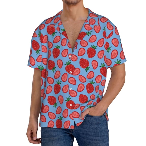 Uemuo Strawberries Pattern Cotton Linen Short Sleeve Shirts,Casual Lightweight Button Down Shirts,Vacation Beach Summer Tops-Large