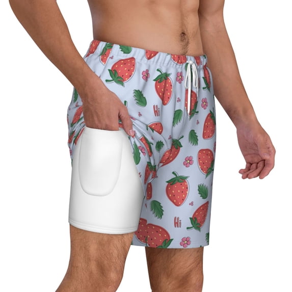 Uemuo Strawberries Pattern Mens Swim Trunks Quick Dry Board Shorts with Mesh Lining, Stretch Beach Shorts Quick Dry No-Chafing Board Shorts-Small