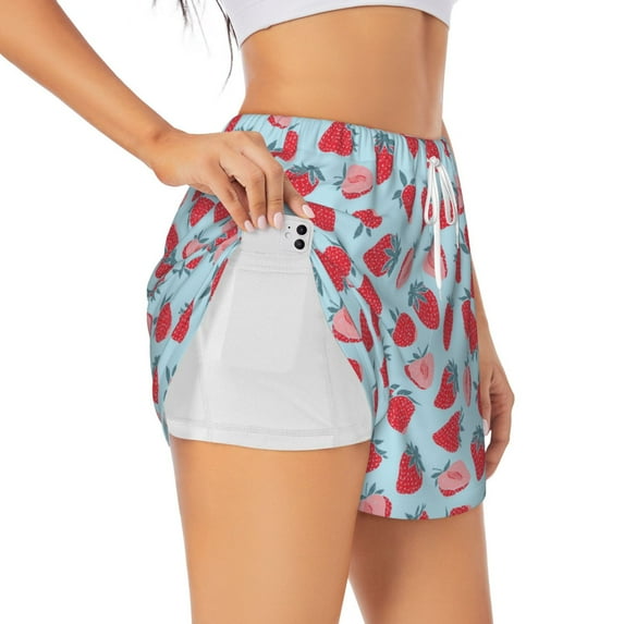 Uemuo Strawberries Pattern Women's Athletic Shorts High Waisted Running Shorts with Liner Pockets Gym Elastic Workout Shorts-X-Large