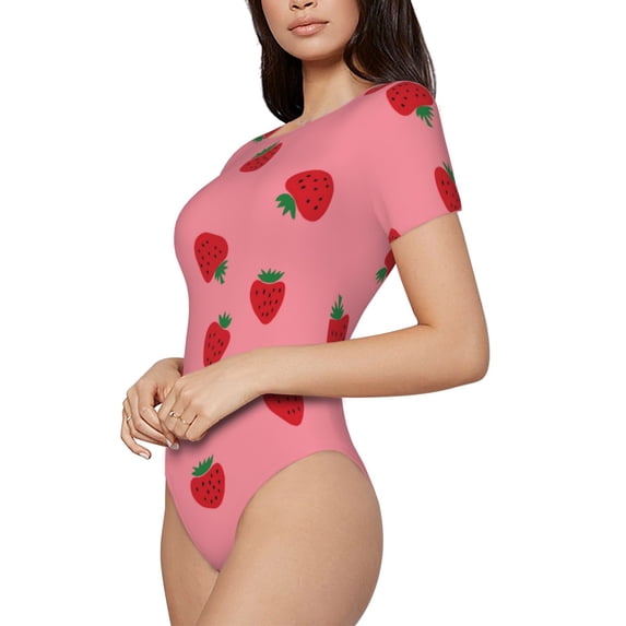 Uemuo Strawberries Pattern Women's One Piece Short Sleeve Swimsuit Rash Guard Surfing Modest Quick-drying Swimsuit Beach Essentials-X-Large