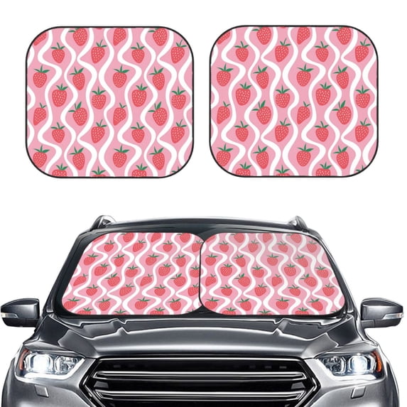 Uemuo Strawberries Printed 2 PCS Car Windshield Sun Shade, Auto Sun Heat and UV Rays Blocker, Foldable Automotive Front Window Sunshade Protector
