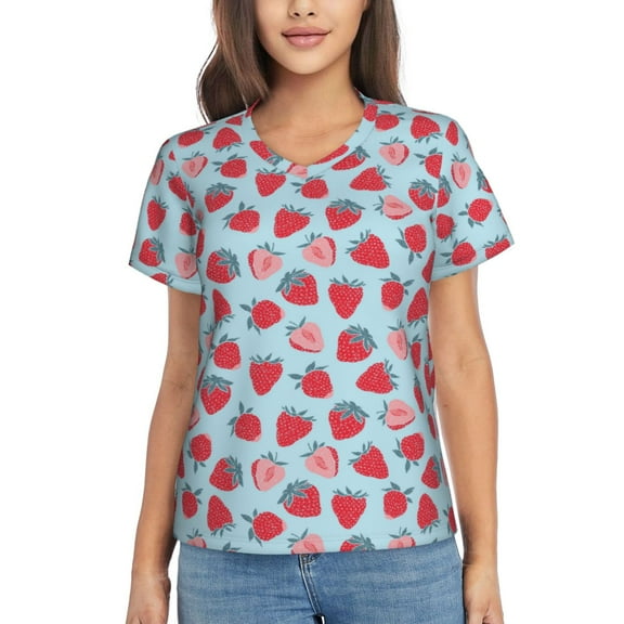 Uemuo Strawberries Printed Women's Classic V-Neck T-Shirt - Soft, Breathable, Moisture-Wicking, Perfect for Casual, Office, Travel, and Everyday Wear-Medium
