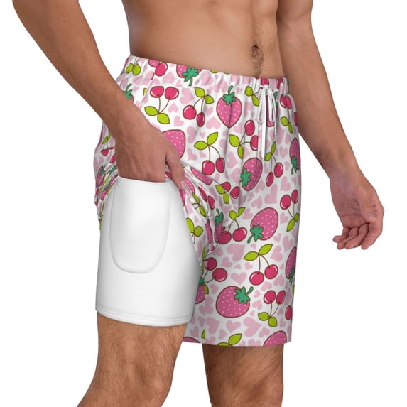 Uemuo Strawberry And Cheery Pattern Mens Swim Trunks Quick Dry Board Shorts with Mesh Lining, Stretch Beach Shorts Quick Dry No-Chafing Board Shorts-3X-Large