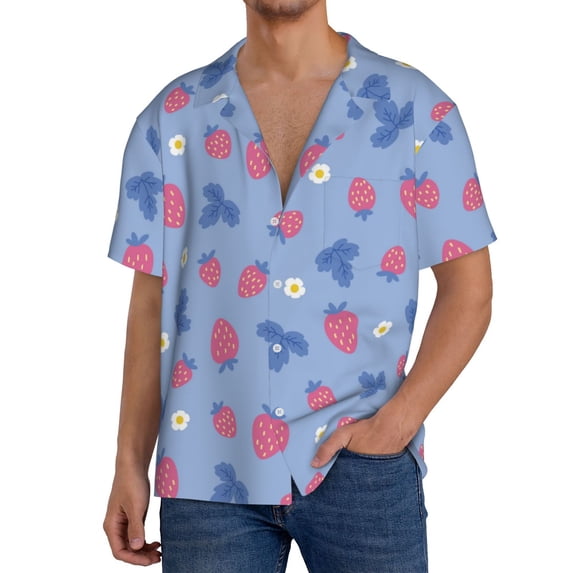 Uemuo Strawberry And Flowers Pattern Cotton Linen Short Sleeve Shirts,Casual Lightweight Button Down Shirts,Vacation Beach Summer Tops-XX-Large