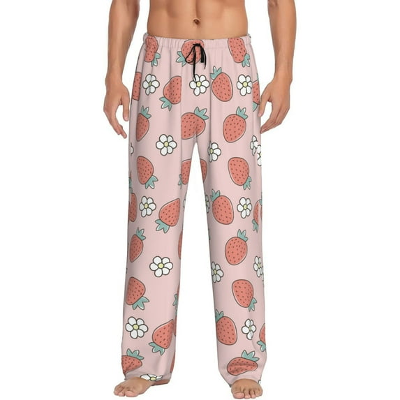 Uemuo Strawberry And Flowers Pattern Men's Wide Leg Palazzo Lounge Pants with Pockets Light Weight Loose Comfy Casual Pajama Pants-XX-Large