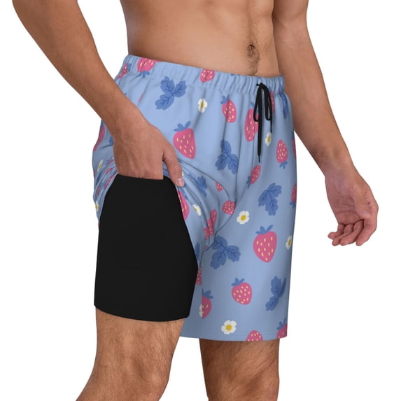Uemuo Strawberry And Flowers Pattern Mens Swim Trunks Quick Dry Board Shorts with Mesh Lining, Stretch Beach Shorts Quick Dry No-Chafing Board Shorts-X-Large