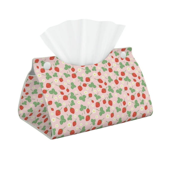Uemuo Strawberry And Flowers Pattern Tissue Box Cover Holder, Triangle with Bottom Belt - PVC Leather Decorative Organizer for Tabletop, Bathroom, Car, Office