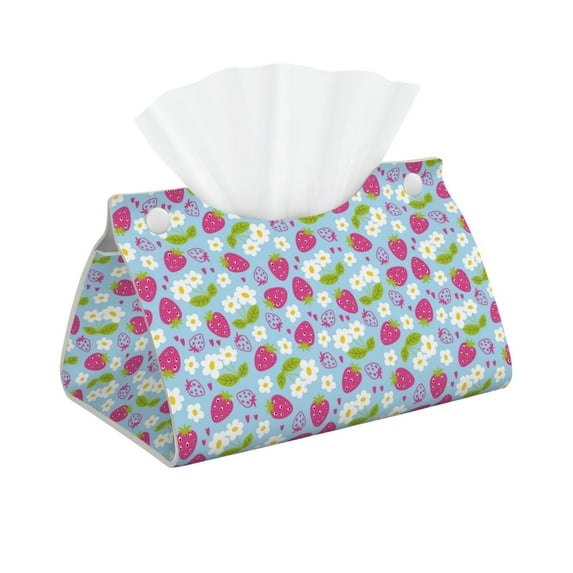 Uemuo Strawberry And Flowers Pattern Tissue Box Cover Holder, Triangle with Bottom Belt - PVC Leather Decorative Organizer for Tabletop, Bathroom, Car, Office