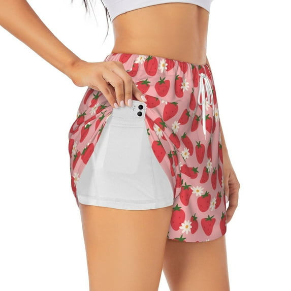 Uemuo Strawberry And Flowers Pattern Women's Athletic Shorts High Waisted Running Shorts with Liner Pockets Gym Elastic Workout Shorts-X-Large